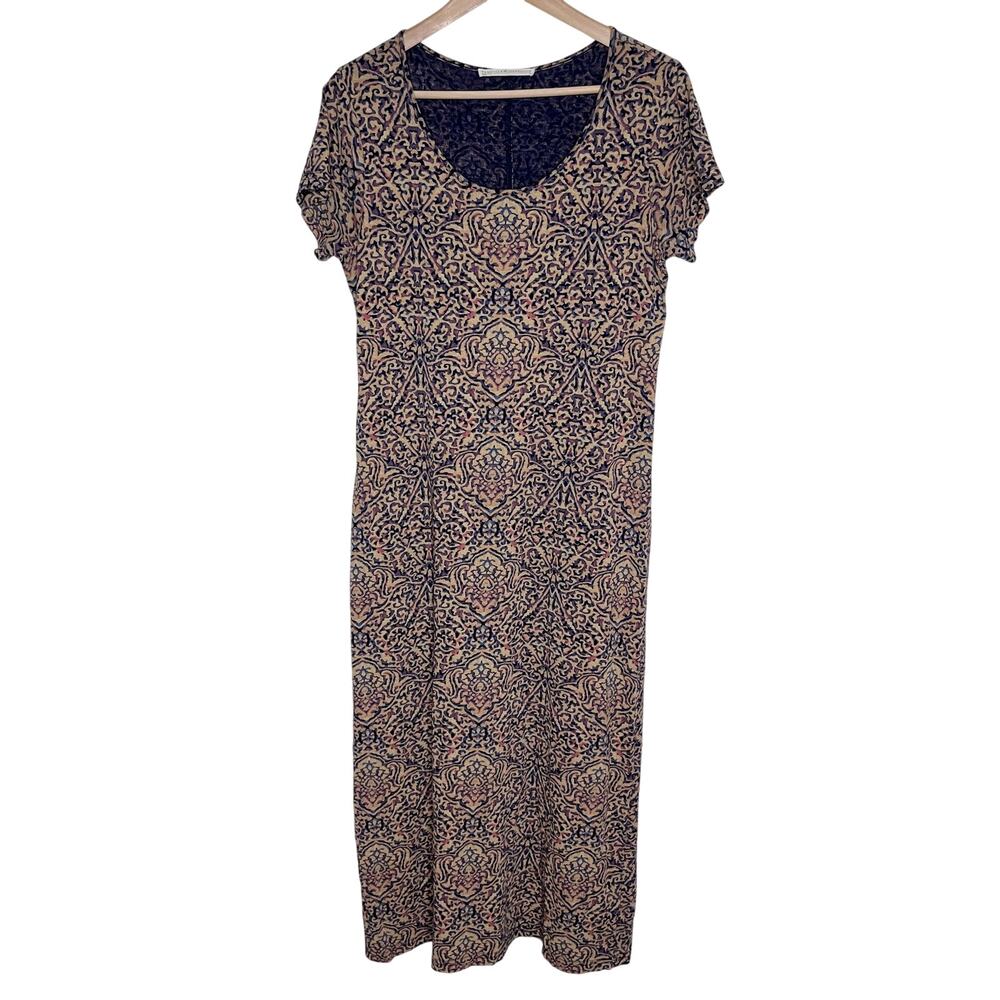 Peruvian Connection M Midi Dress Cotton Lycra Medallion Print Scoop Neck